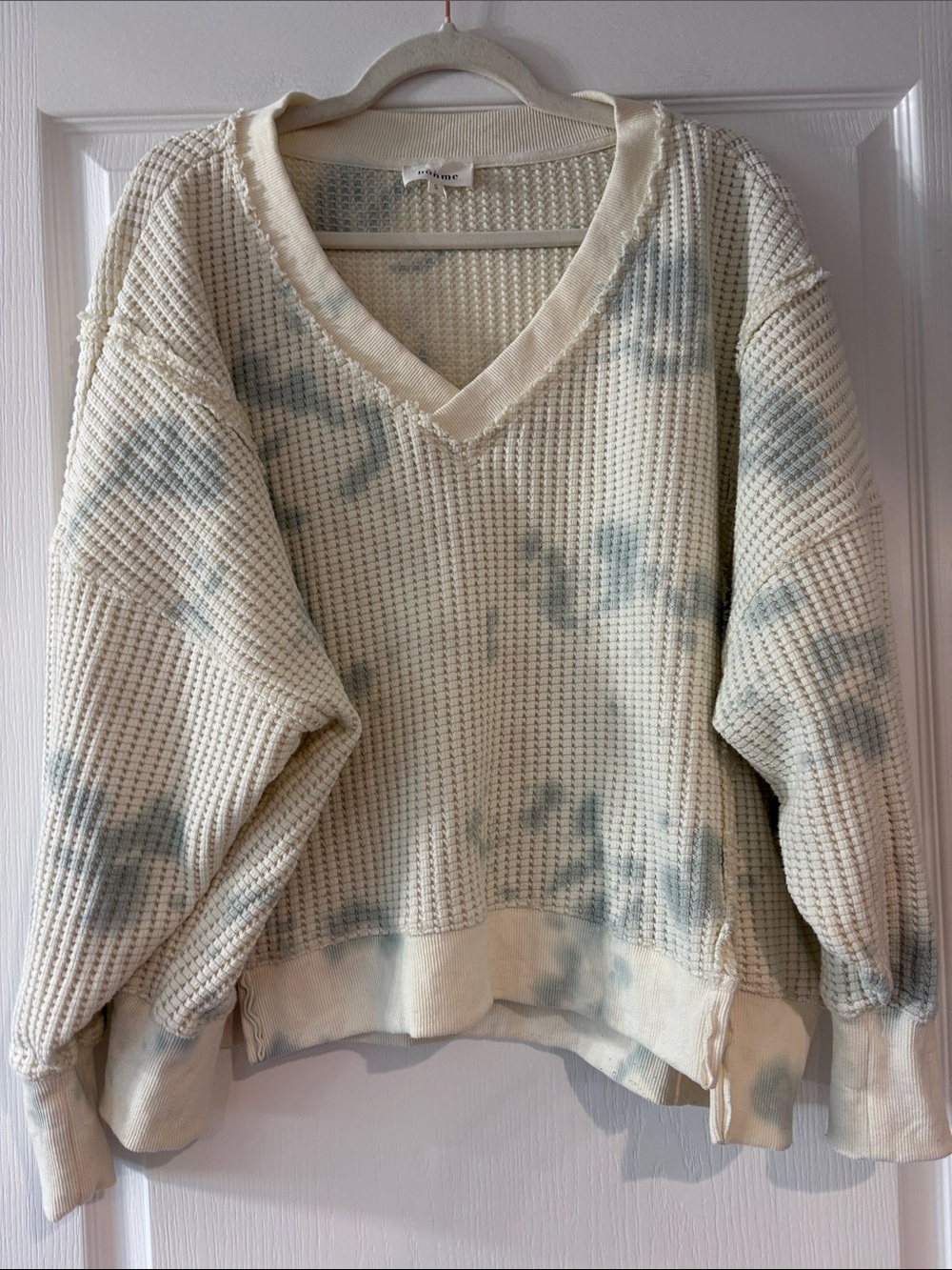 bohme Cream V-Neck Waffle Sweater with Light Blue Tie-Dye